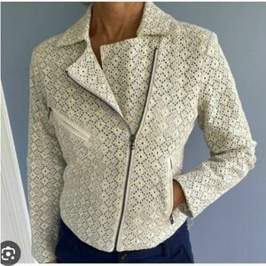 Anthropologie Dolan Rossi Eyelet Moto Jacket Ivory/Light Blue Size Small